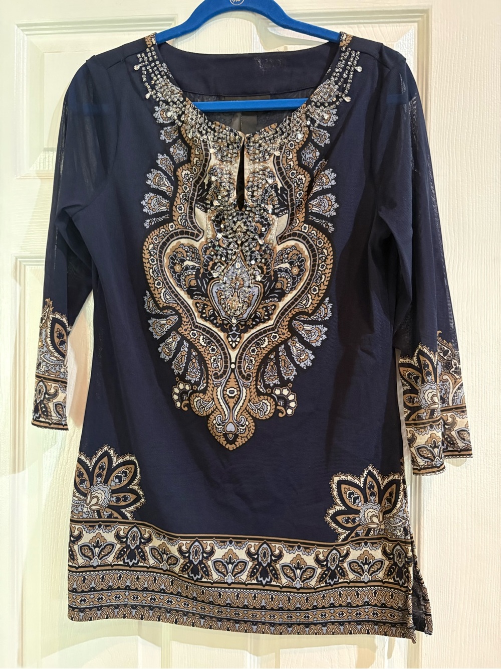 International concepts Embellished Large Navy Tunic Top w/Gold Paisley Accents